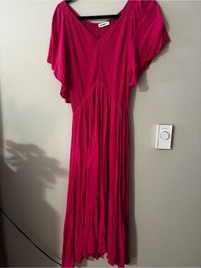 In Bloom Maternity Fuchsia Flutter-Sleeve Midi Dress